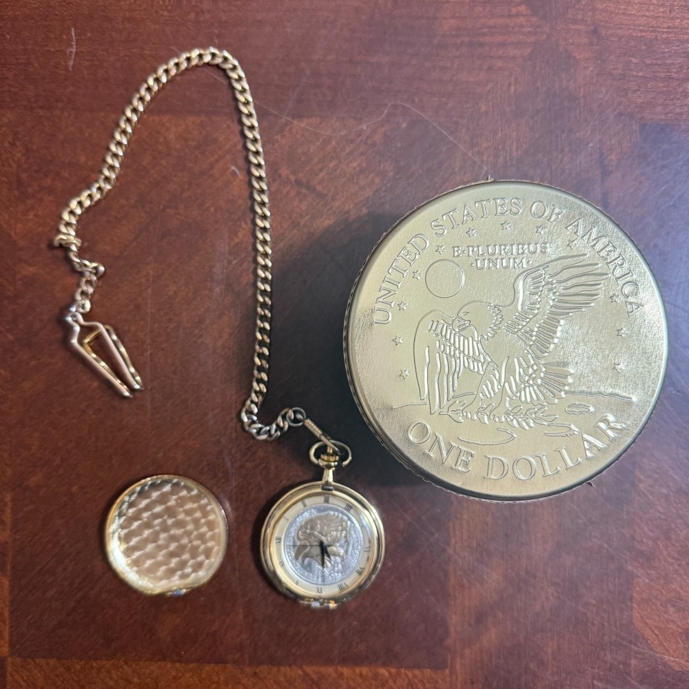 Vintage M.Z. Berger Pocket Watch w/ Chain &‎ Coin Box Kennedy Half Dollar Read
